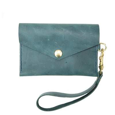 Closed View of Kerry Noel snap closure wallet with leather credit card case wallet capacity in blue distressed.