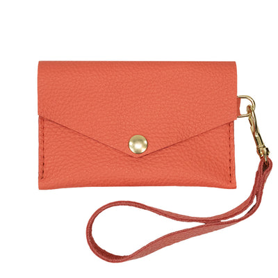 Closed View of Kerry Noel snap closure wallet with leather card case wallet capacity in Coral.