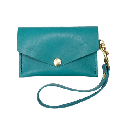Closed View of Kerry Noel snap closure wallet with leather card case wallet womens capacity in Turquoise.
