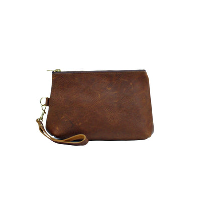 Tan Leather Zippered Clutch Wristlet front view