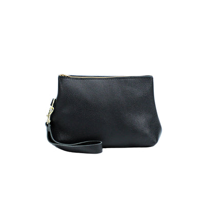 Handmade Black Leather Wristlet Clutch featuring a zipper closure by Kerry Noel 