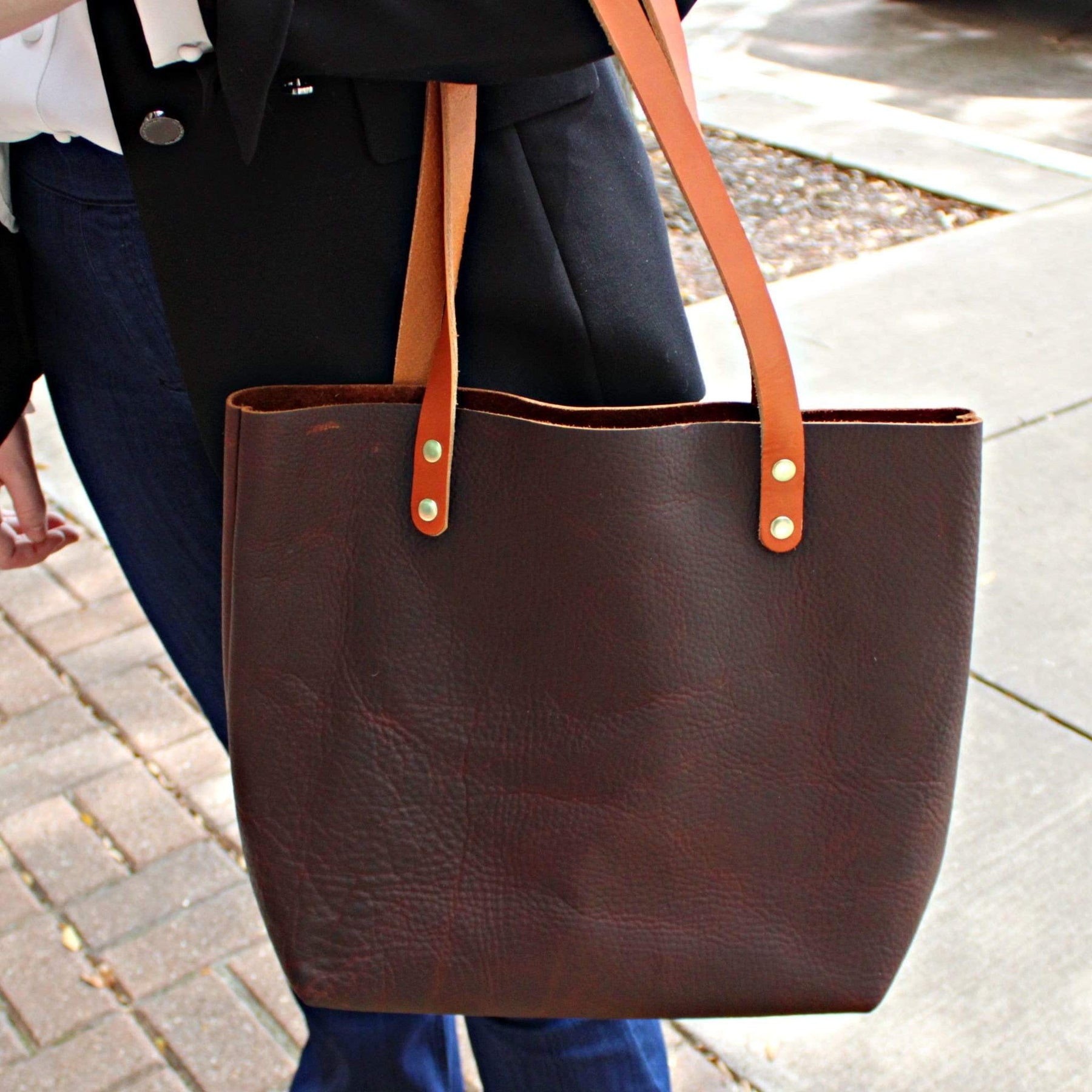 Women’s Leather Tote Bags in Dark Brown with Tan Handles| Kerry Noel None/Open / Matte Black / Tablet
