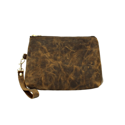 Handmade Leather Clutch Bag in Distressed Brown featuring zipper closure by Kerry Noel.