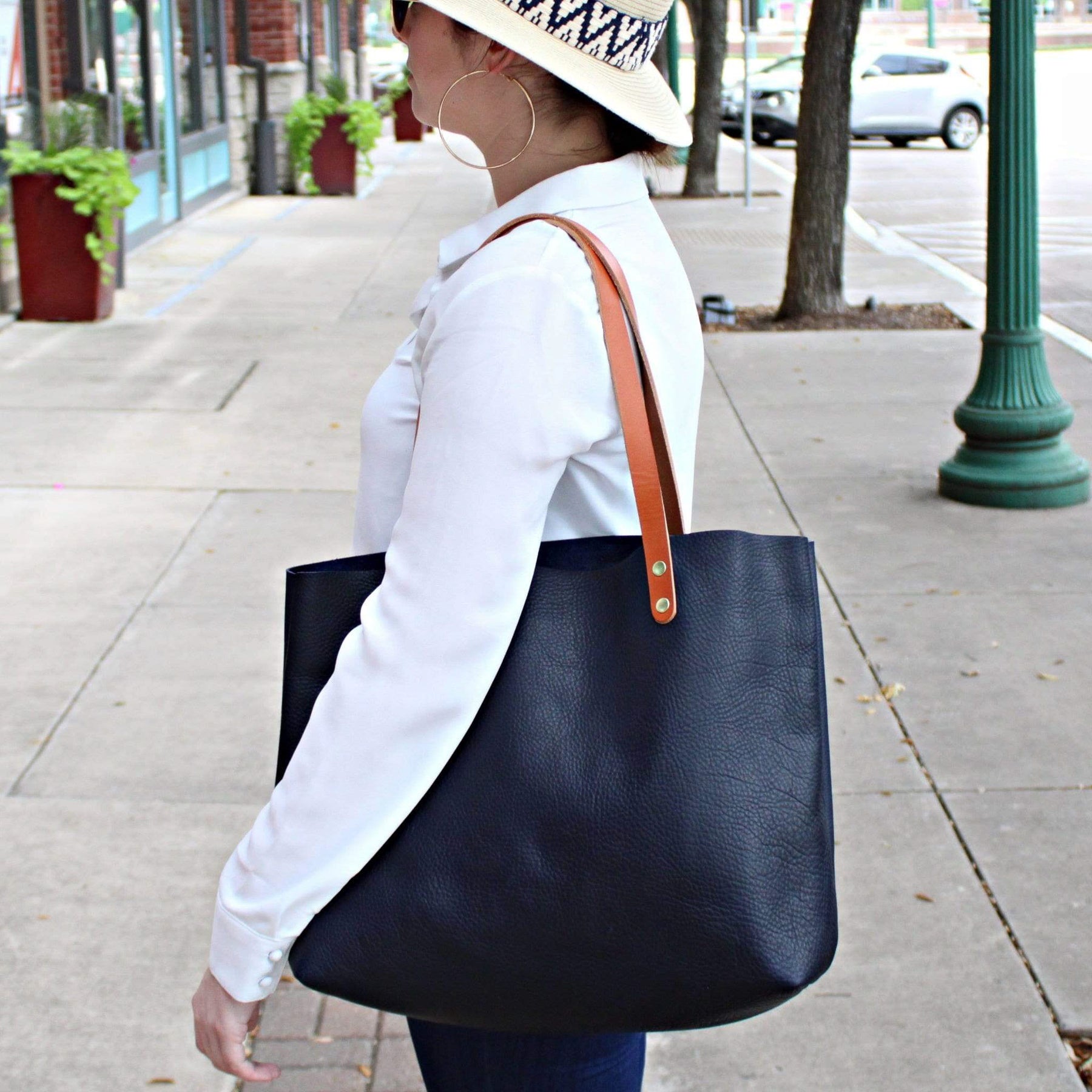 Large Navy Blue Leather Tote Bag