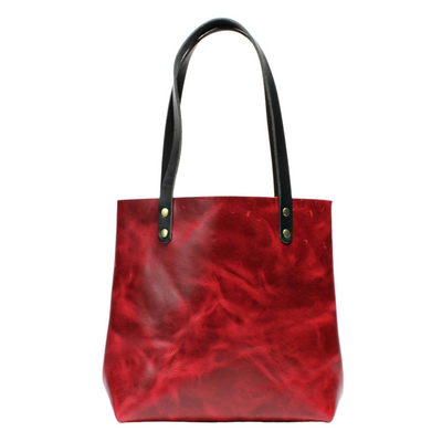 Red handmade leather tote bag by Kerry Noel.
