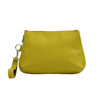 Handmade Leather Clutch bag in Yellow Pebbled Leather featuring Zipper Closure by Kerry Noel.