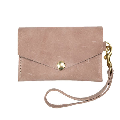 Closed View of Kerry Noel snap closure wallet with credit card case wallet capacity in blush.