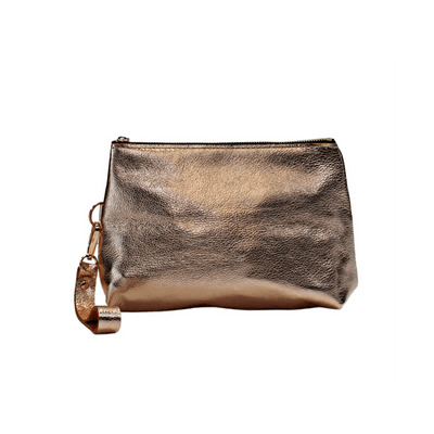 Rose Gold Leather Zippered Wristlet Clutch on white background